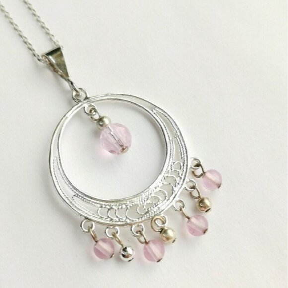 Boho Sterling silver Pink crystal  pendant necklace 🆕 - Picture 1 of 7